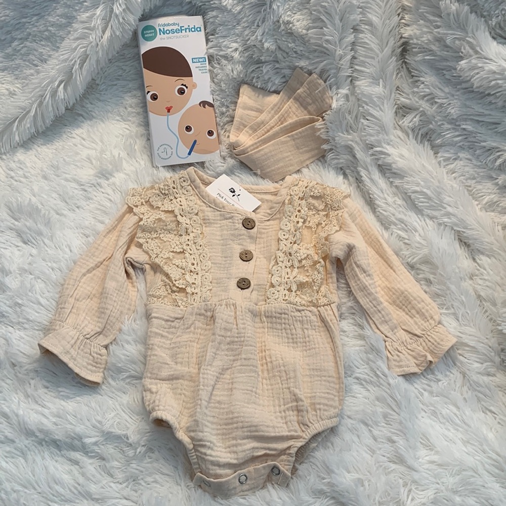 Victorian Style Boutique Onesie (3-6mth) & NoseFrida Snot Sucker. Both NWT